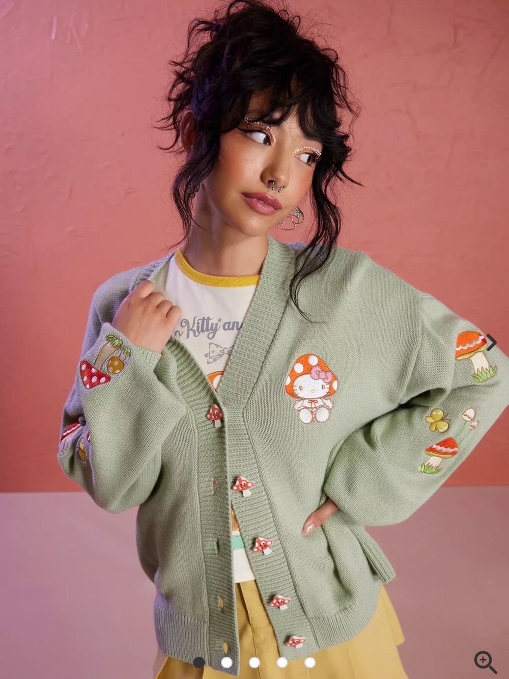 Hello Kitty Mint Green Mushroom-Embroidered V-Neck Cardigan Size Medium - Picture 2 of 12